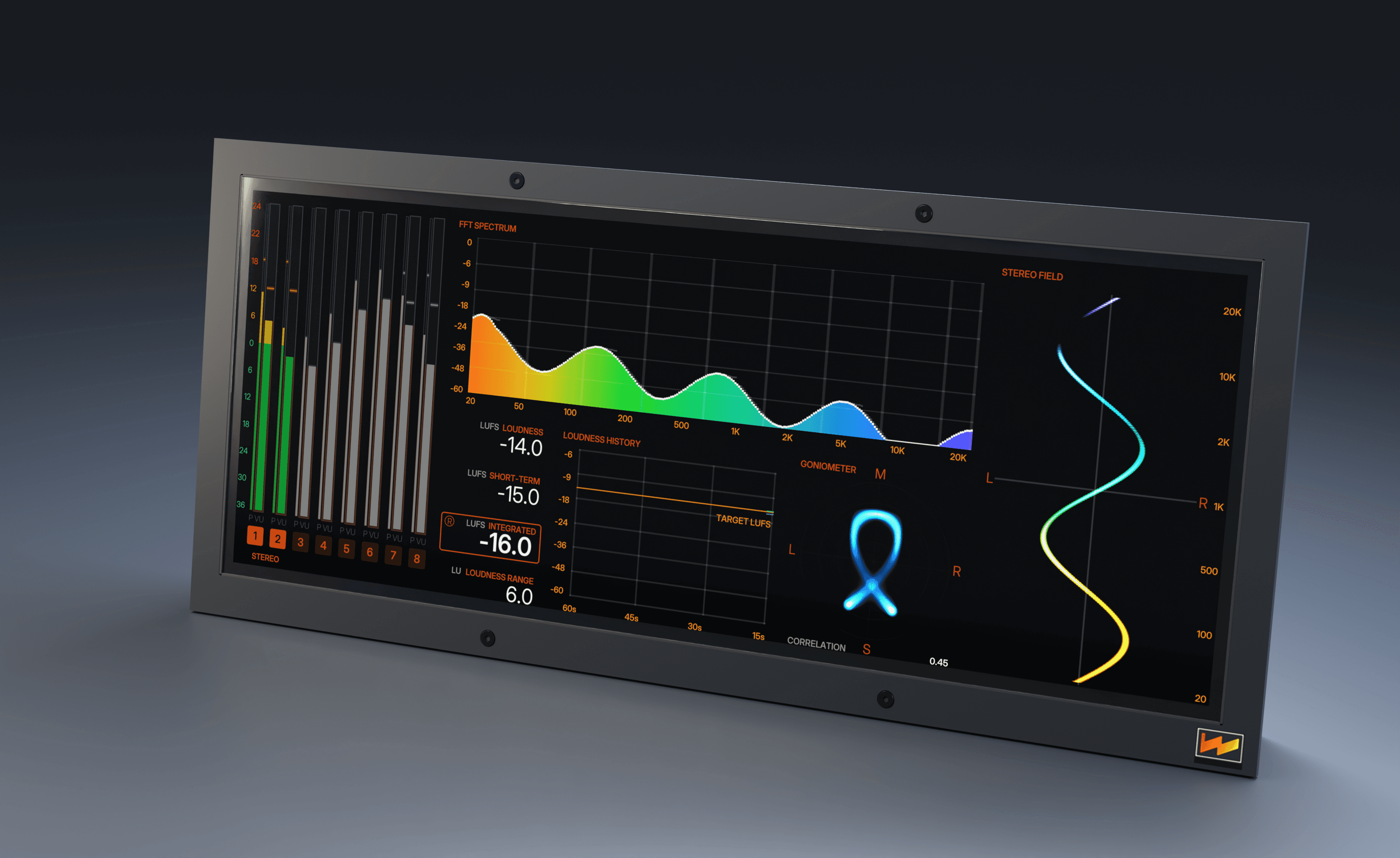 3D rendering of the Wolff digital LCD analyzer with FFT spectrum, LUFS loudness, goniometer, and stereo-field displays.
