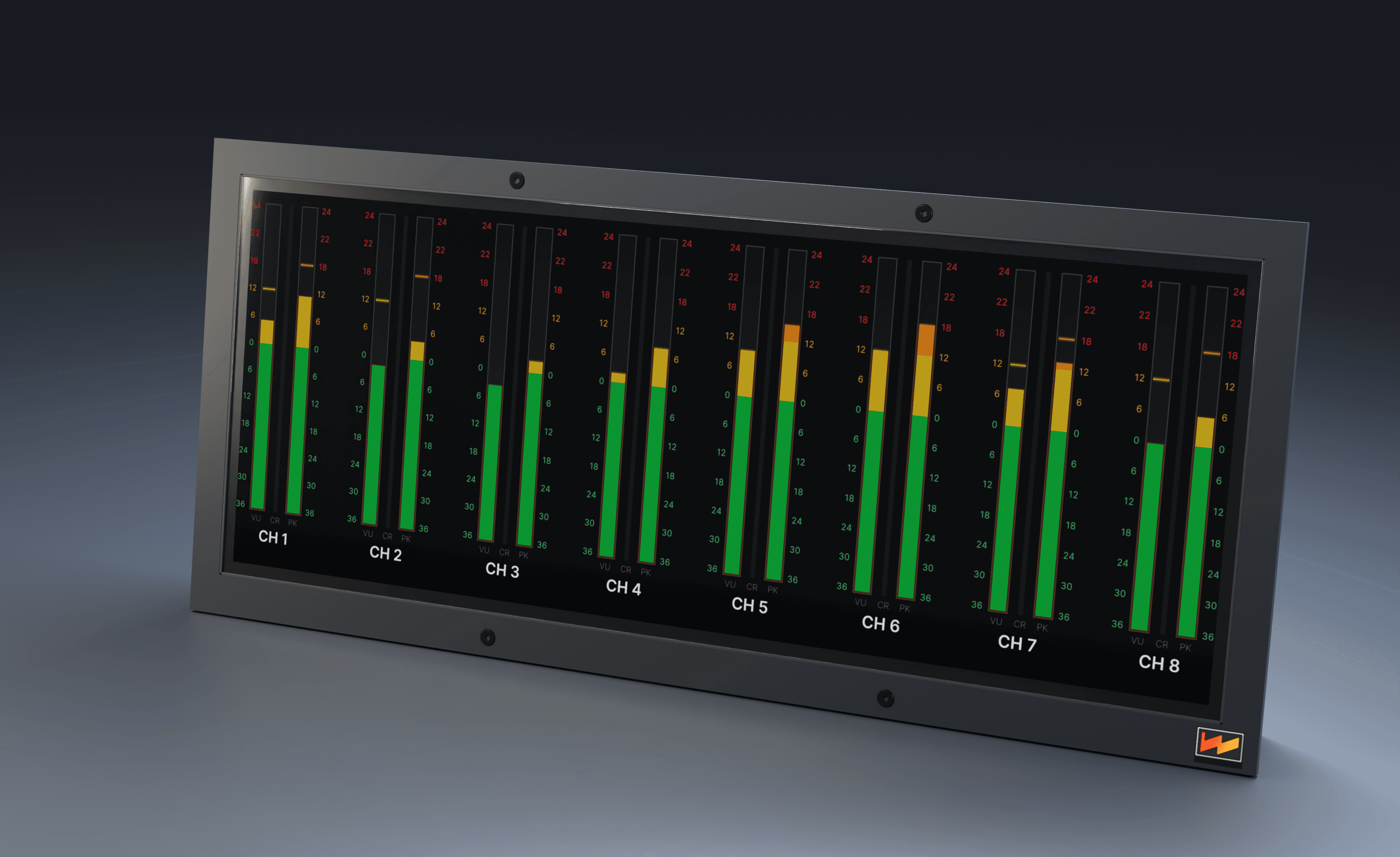 3D rendering of eight channels of VU and peak bargraph metering on the Wolff digital LCD panel.