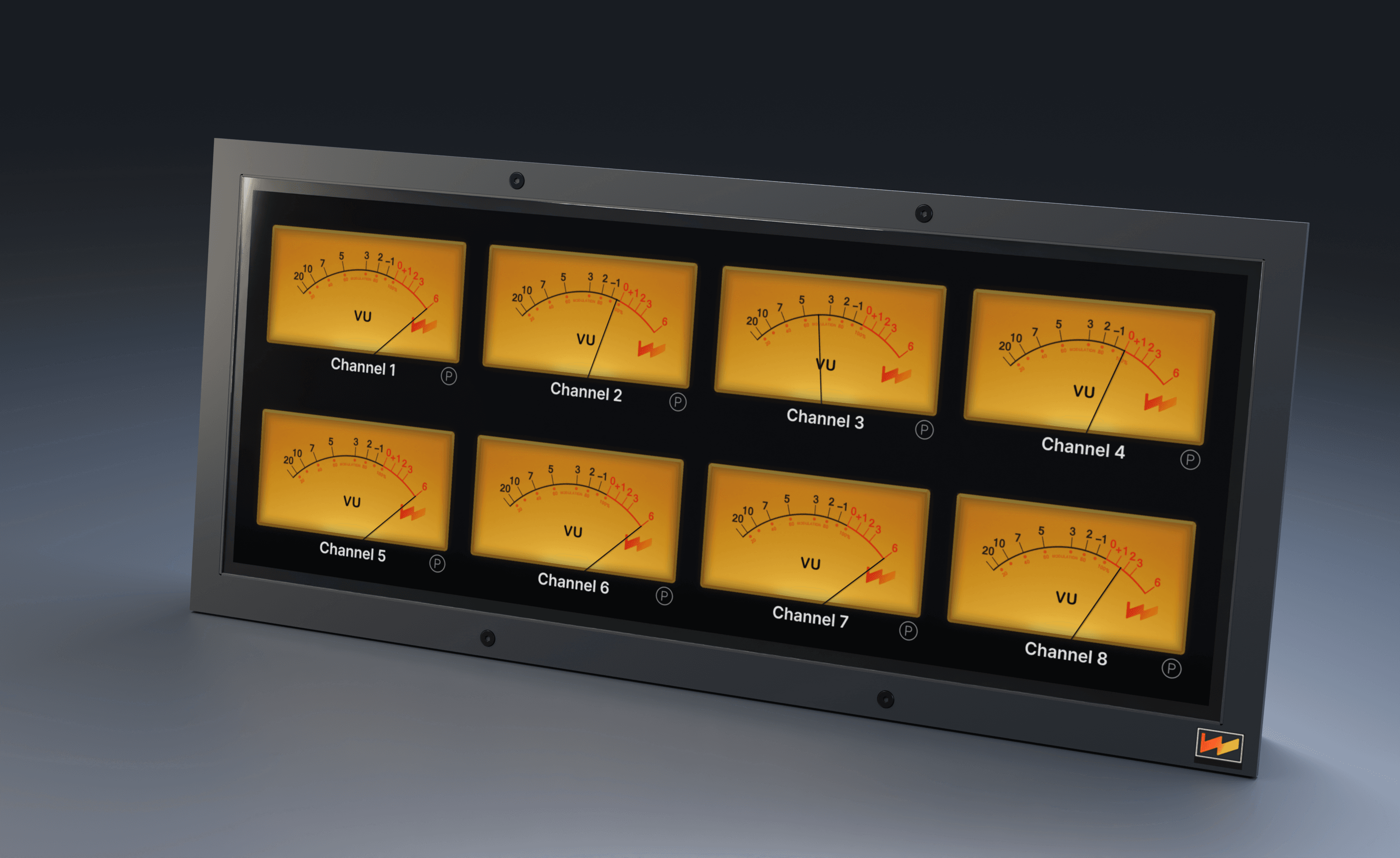 3D rendering of the Wolff digital LCD meter panel showing eight amber VU meters.