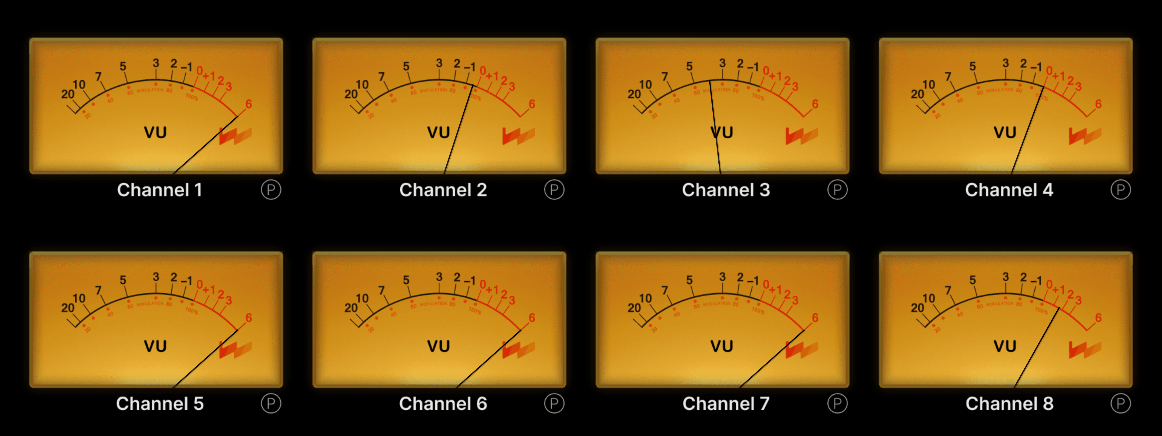VU mode display with eight complete amber meter faces, Channel 1 through Channel 8.