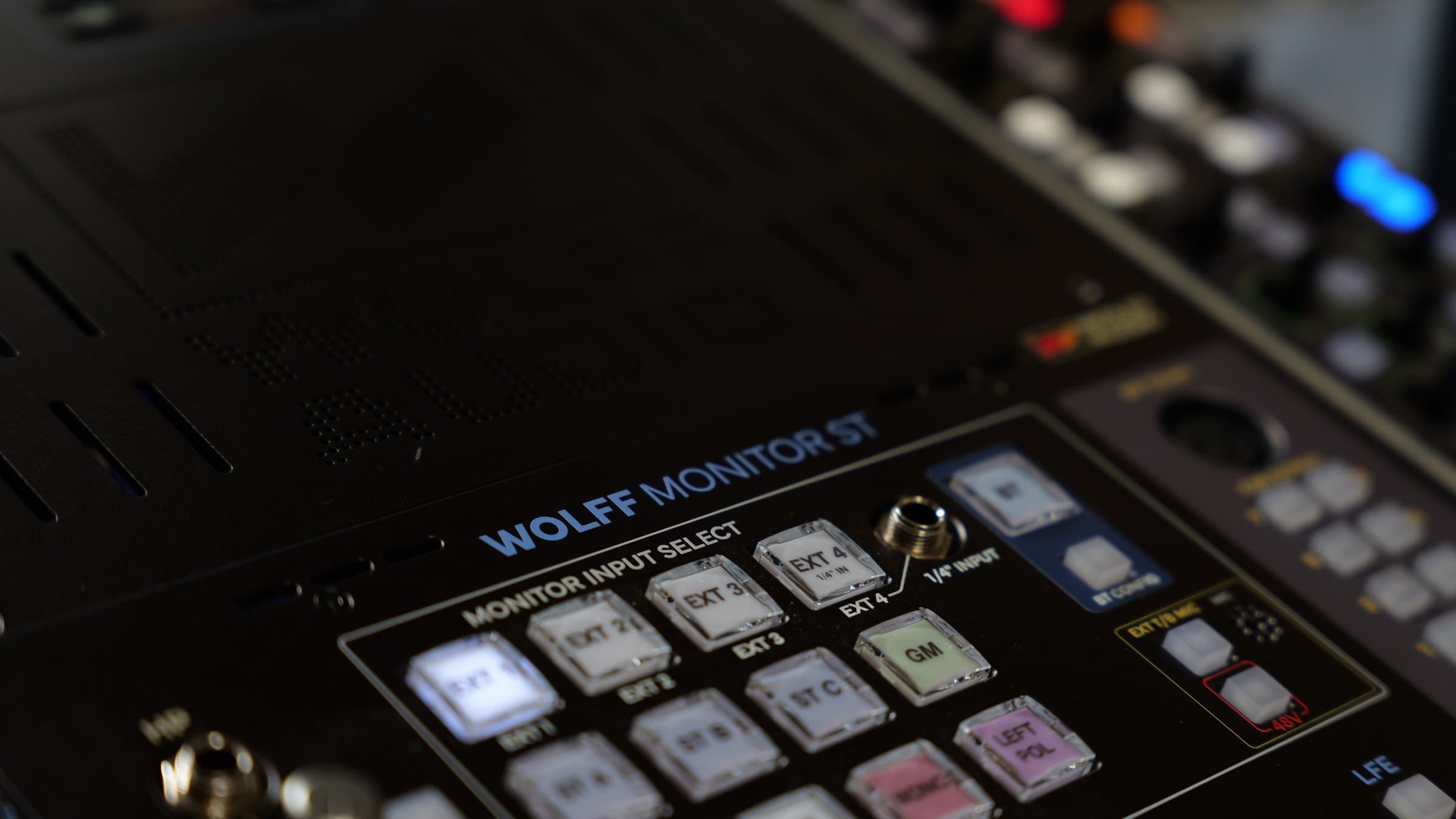Wolff Monitor ST input and monitoring controls installed in a recording console.