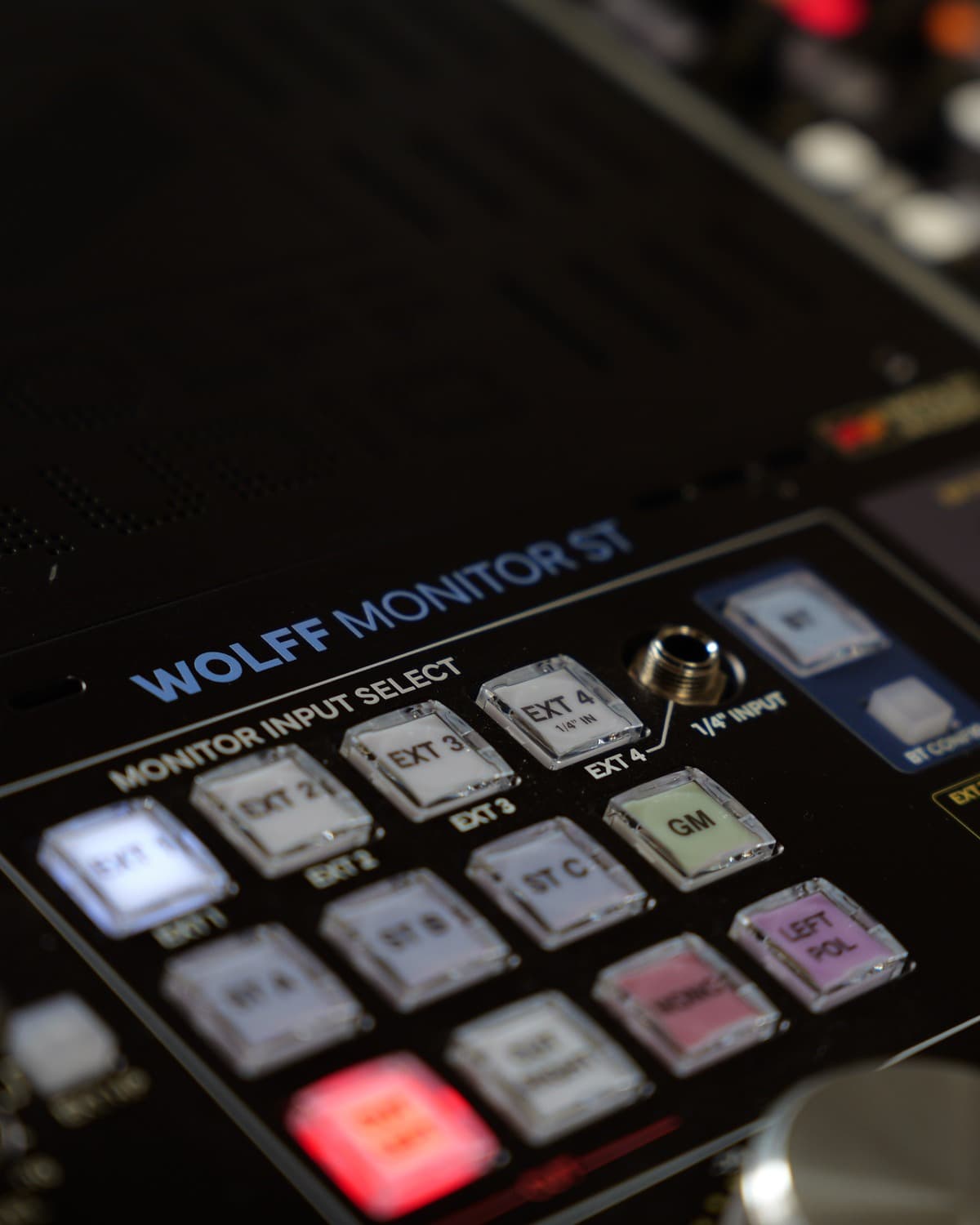 Wolff Monitor ST input and monitoring controls installed in a recording console.