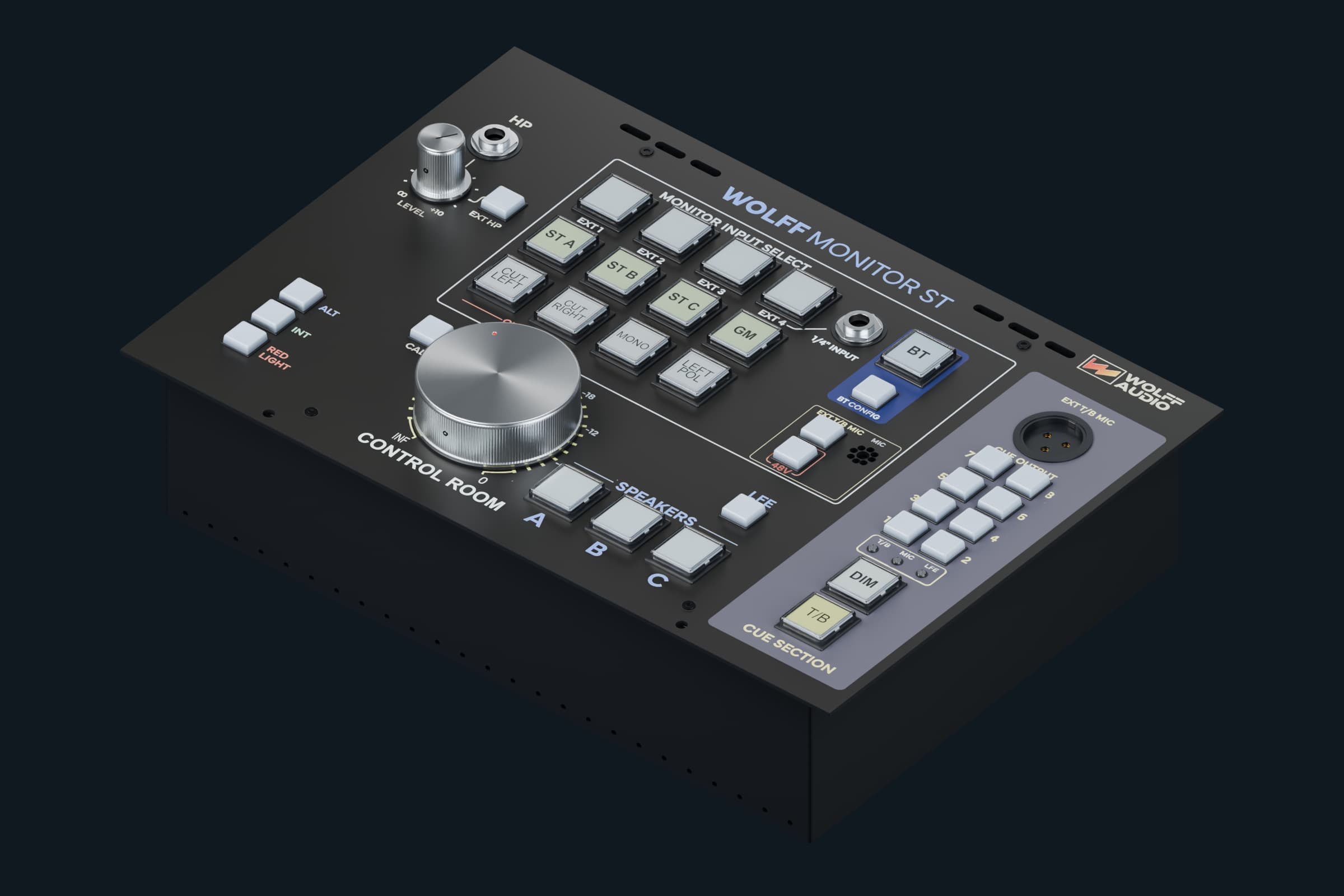 Angled 3D product view of Wolff Monitor ST with main level knob, speaker switching and cue controls.