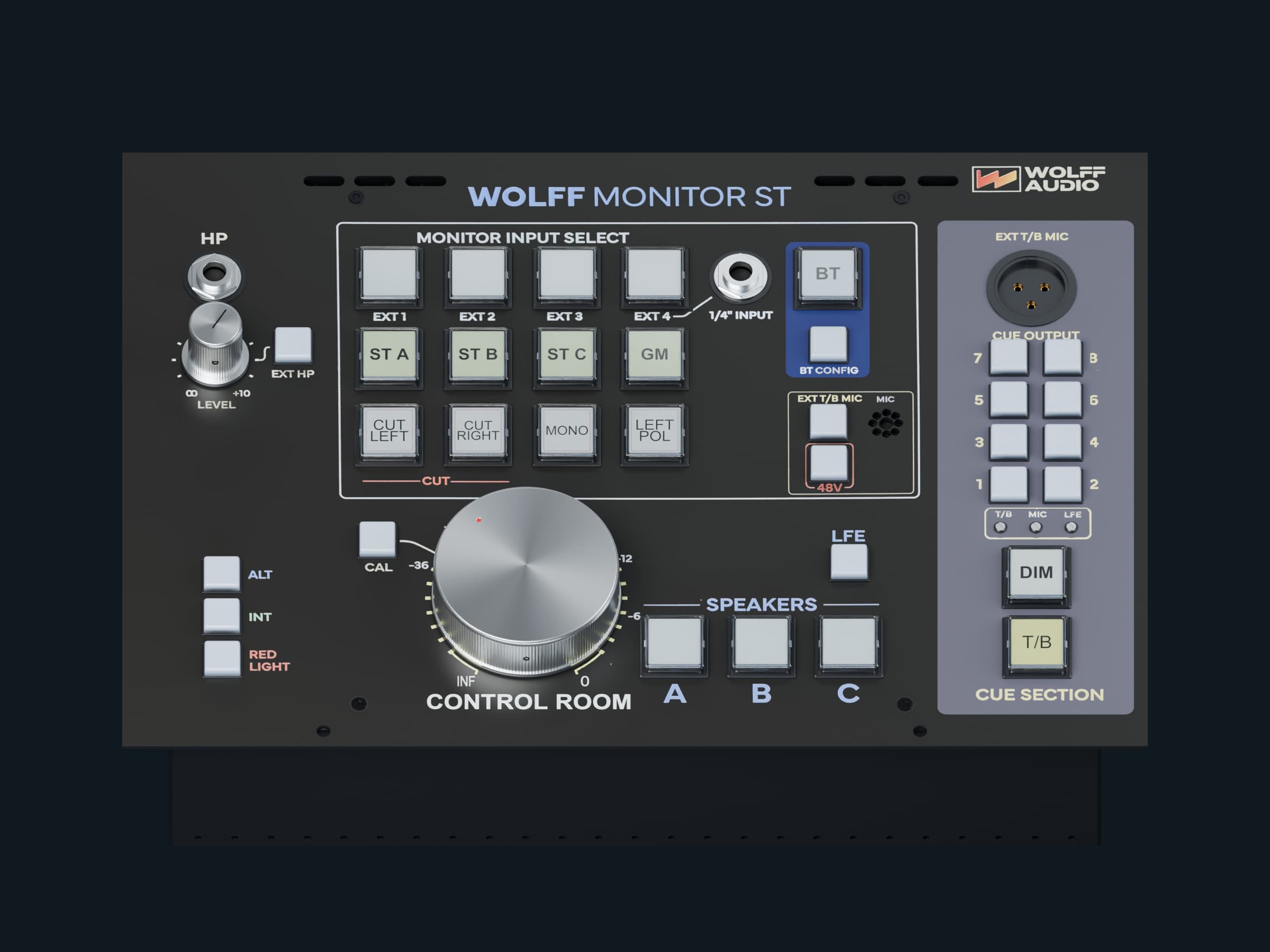3D view of Wolff Monitor ST showing the headphone amplifier, external talkback microphone input, cue selectors, DIM and talkback controls.